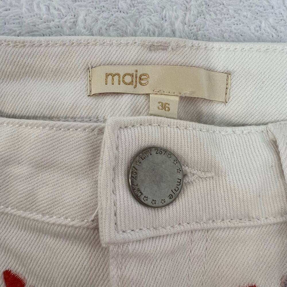 Maje Embroidered Floral Straight Leg Denim Jeans White Blue Size 36 Boho Retro - Picture 4 of 15